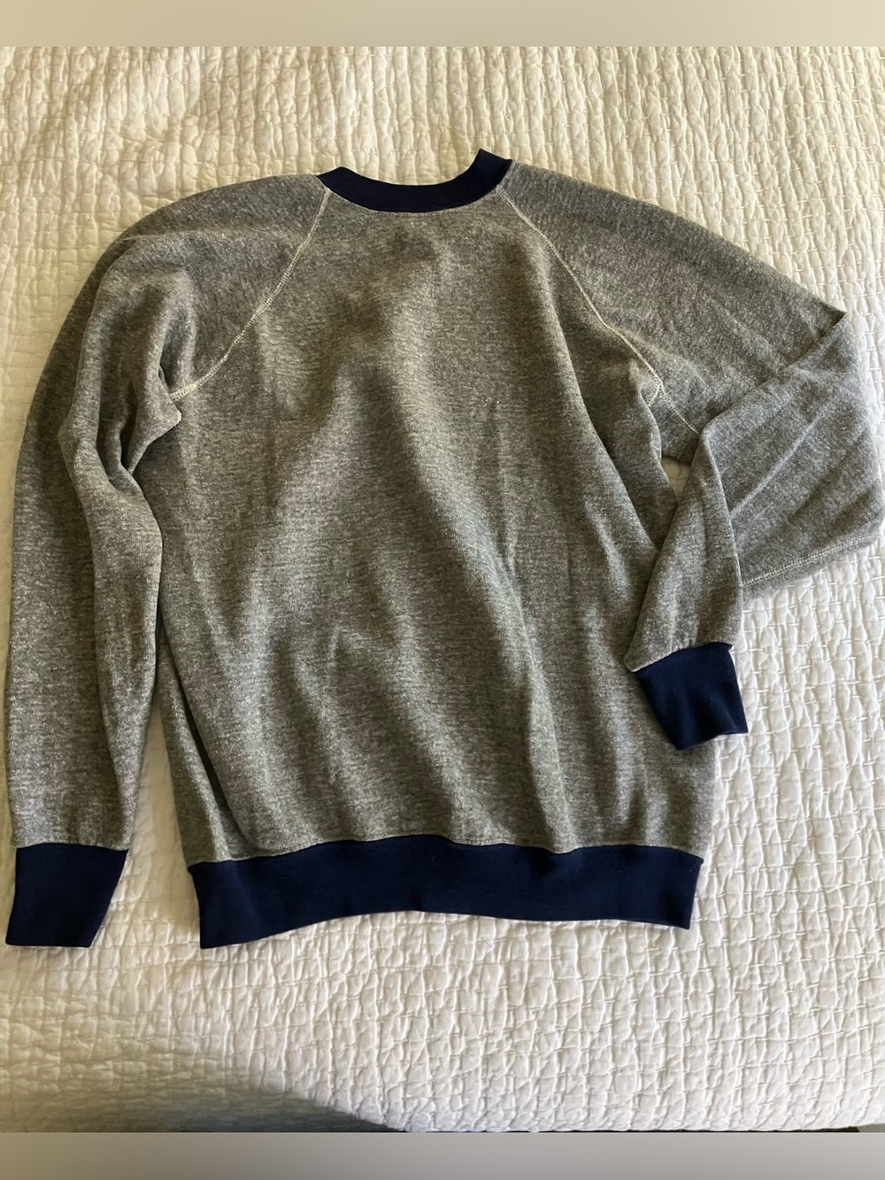 Vintage pullover sweatshirt heather grey with navy collar & cuffs size sm